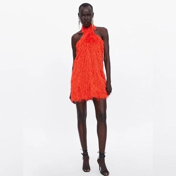 Zara Dresses & Skirts - ZARA | Twist Halter Neck Fringe Mini Dress Bright Orange Size Small